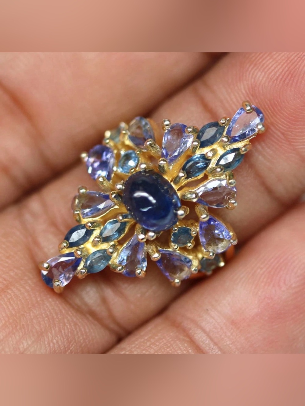 Natural Sapphire & Tanzanite Ring 18K Yellow Gold over 925 Sterling Size 5.75